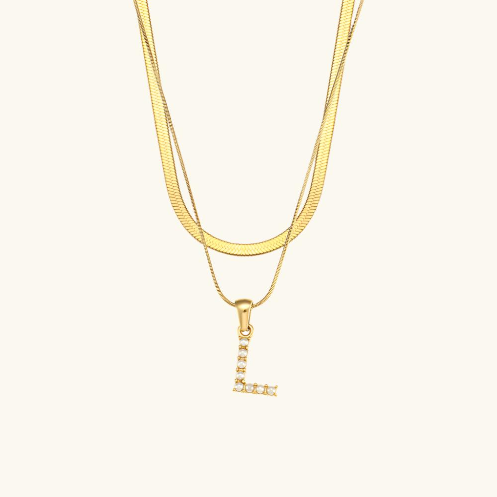 Valantomode | Plated Layered Pearl Initial Necklace with Genuine Freshwater Pearl Architecture