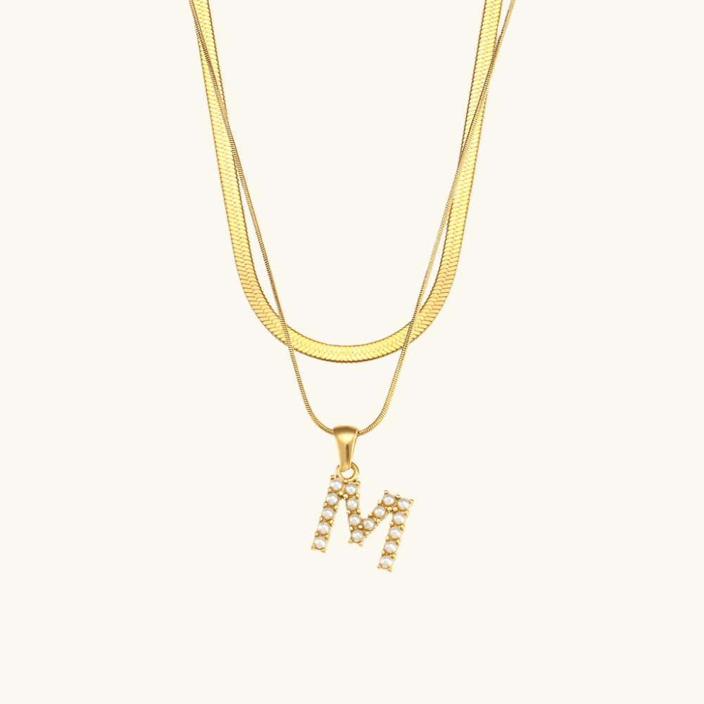 Valantomode | Plated Layered Pearl Initial Necklace with Genuine Freshwater Pearl Architecture