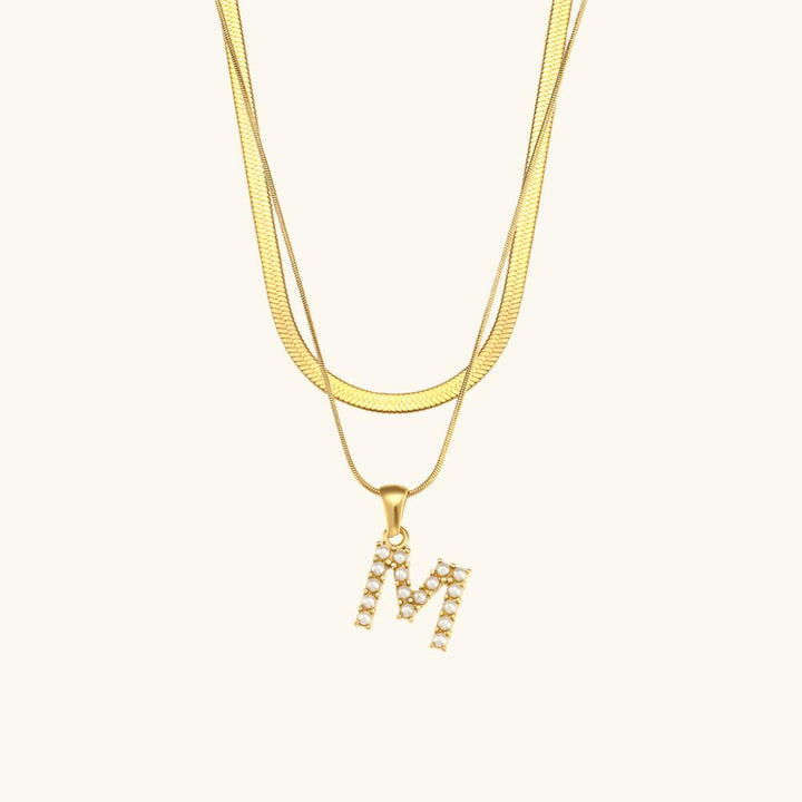 Valantomode | Plated Layered Pearl Initial Necklace with Genuine Freshwater Pearl Architecture