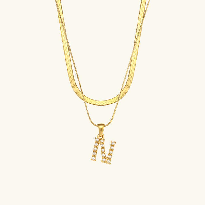 Valantomode | Plated Layered Pearl Initial Necklace with Genuine Freshwater Pearl Architecture
