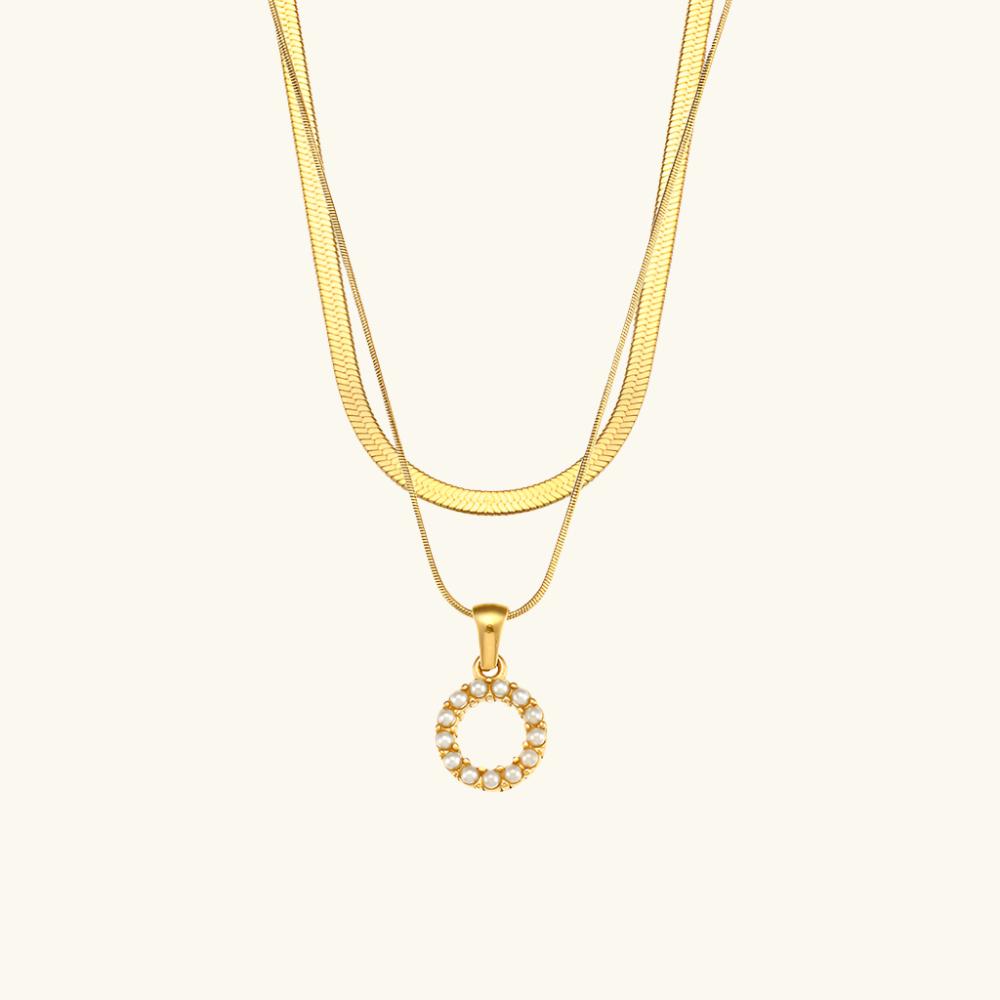 Valantomode | Plated Layered Pearl Initial Necklace with Genuine Freshwater Pearl Architecture