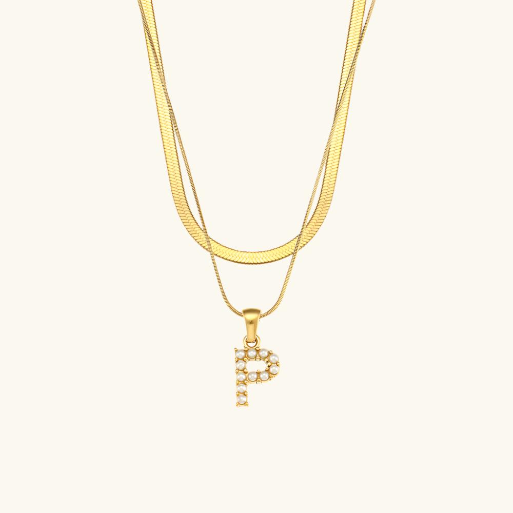 Valantomode | Plated Layered Pearl Initial Necklace with Genuine Freshwater Pearl Architecture