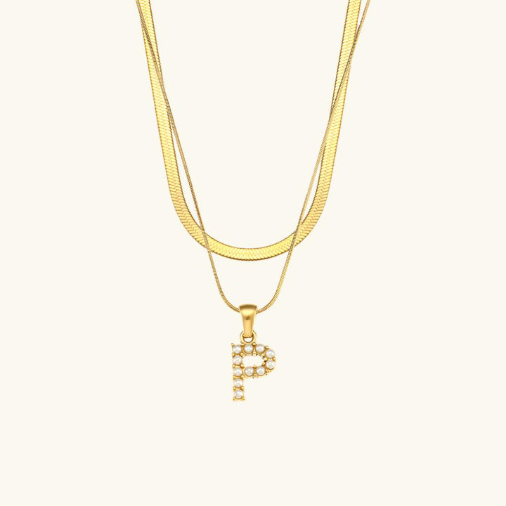 Valantomode | Plated Layered Pearl Initial Necklace with Genuine Freshwater Pearl Architecture