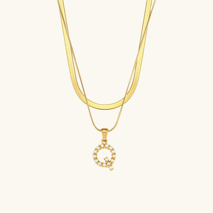 Valantomode | Plated Layered Pearl Initial Necklace with Genuine Freshwater Pearl Architecture