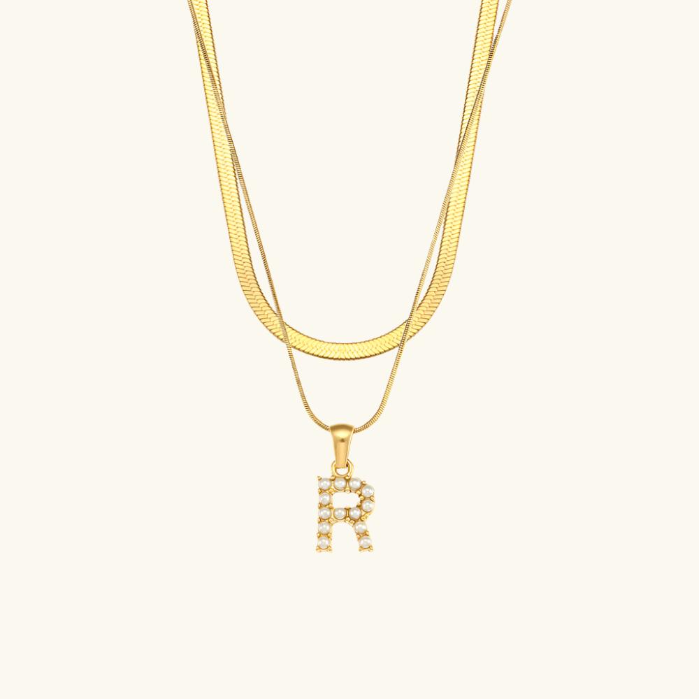 Valantomode | Plated Layered Pearl Initial Necklace with Genuine Freshwater Pearl Architecture