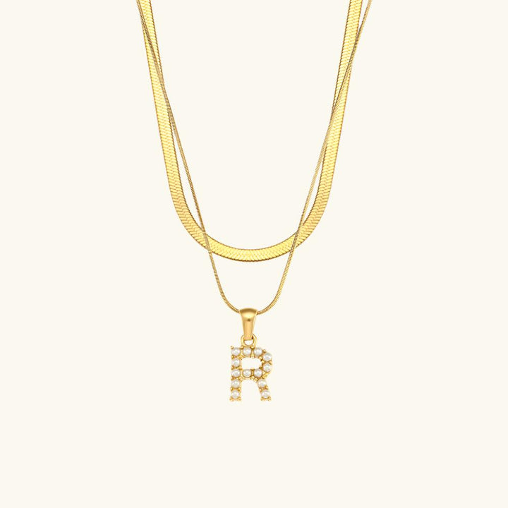 Valantomode | Plated Layered Pearl Initial Necklace with Genuine Freshwater Pearl Architecture