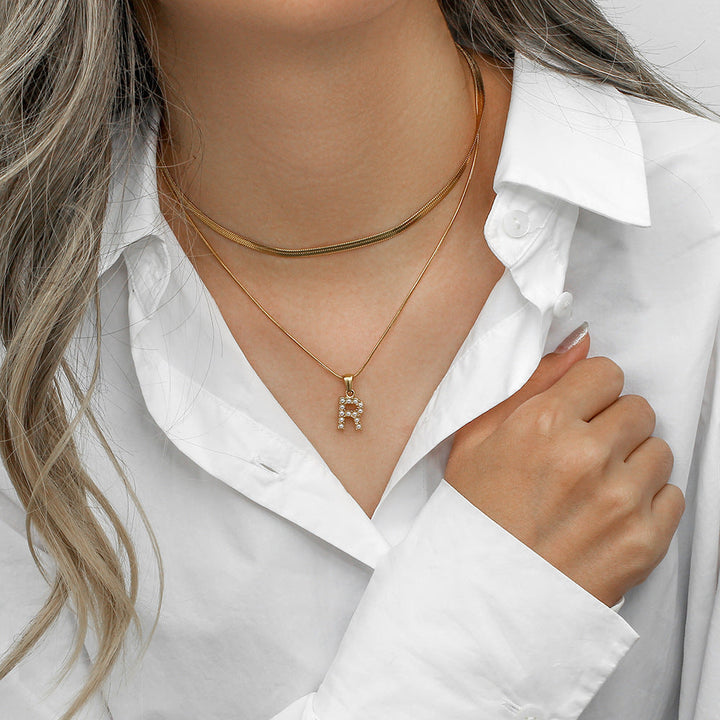 Valantomode | Plated Layered Pearl Initial Necklace with Genuine Freshwater Pearl Architecture