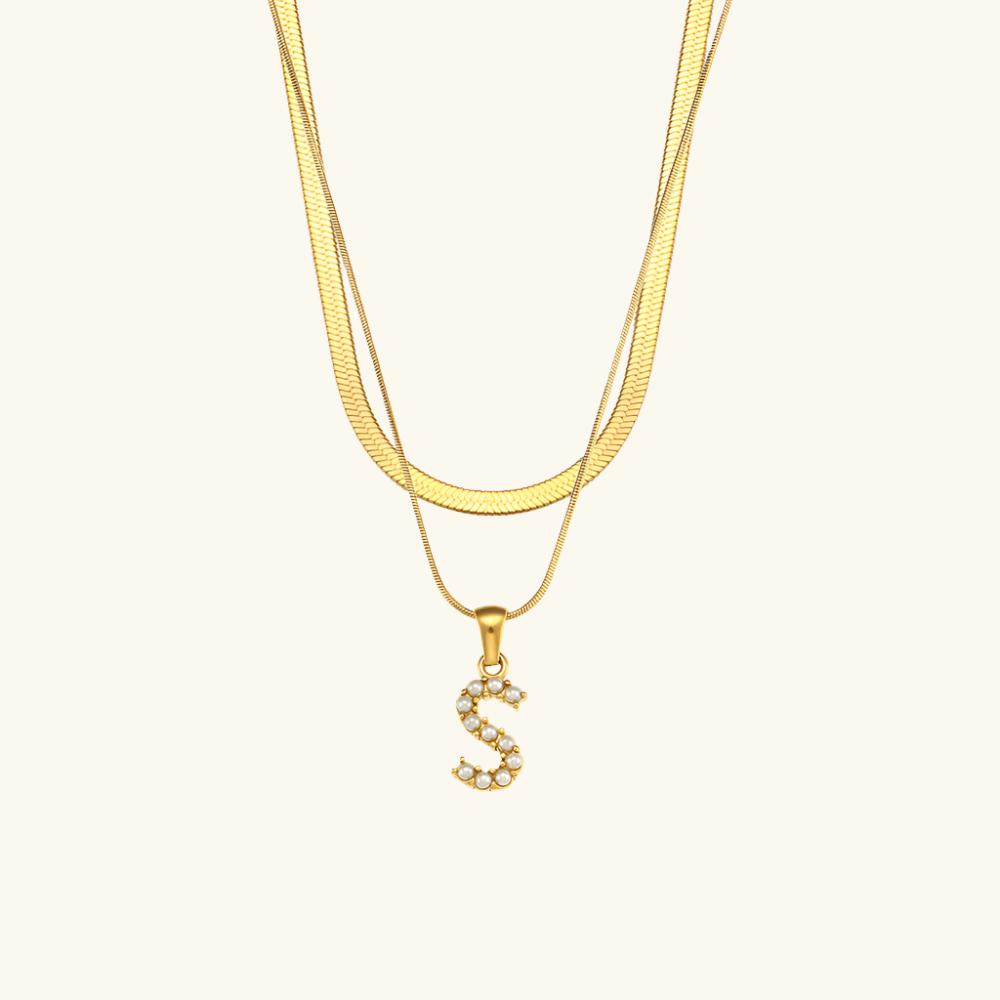 Valantomode | Plated Layered Pearl Initial Necklace with Genuine Freshwater Pearl Architecture