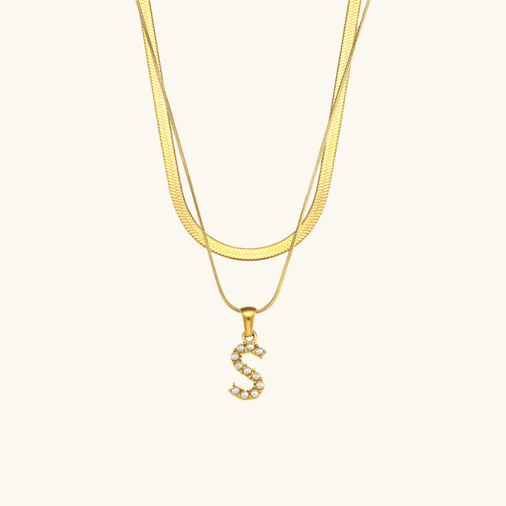 Valantomode | Plated Layered Pearl Initial Necklace with Genuine Freshwater Pearl Architecture