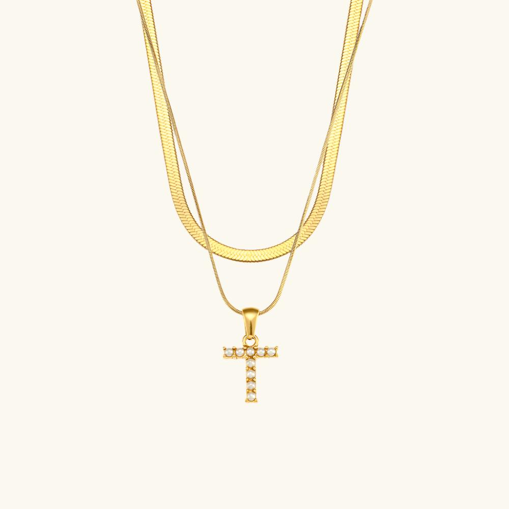 Valantomode | Plated Layered Pearl Initial Necklace with Genuine Freshwater Pearl Architecture