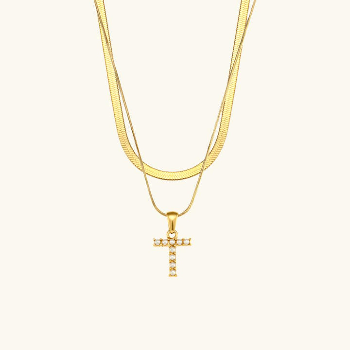 Valantomode | Plated Layered Pearl Initial Necklace with Genuine Freshwater Pearl Architecture