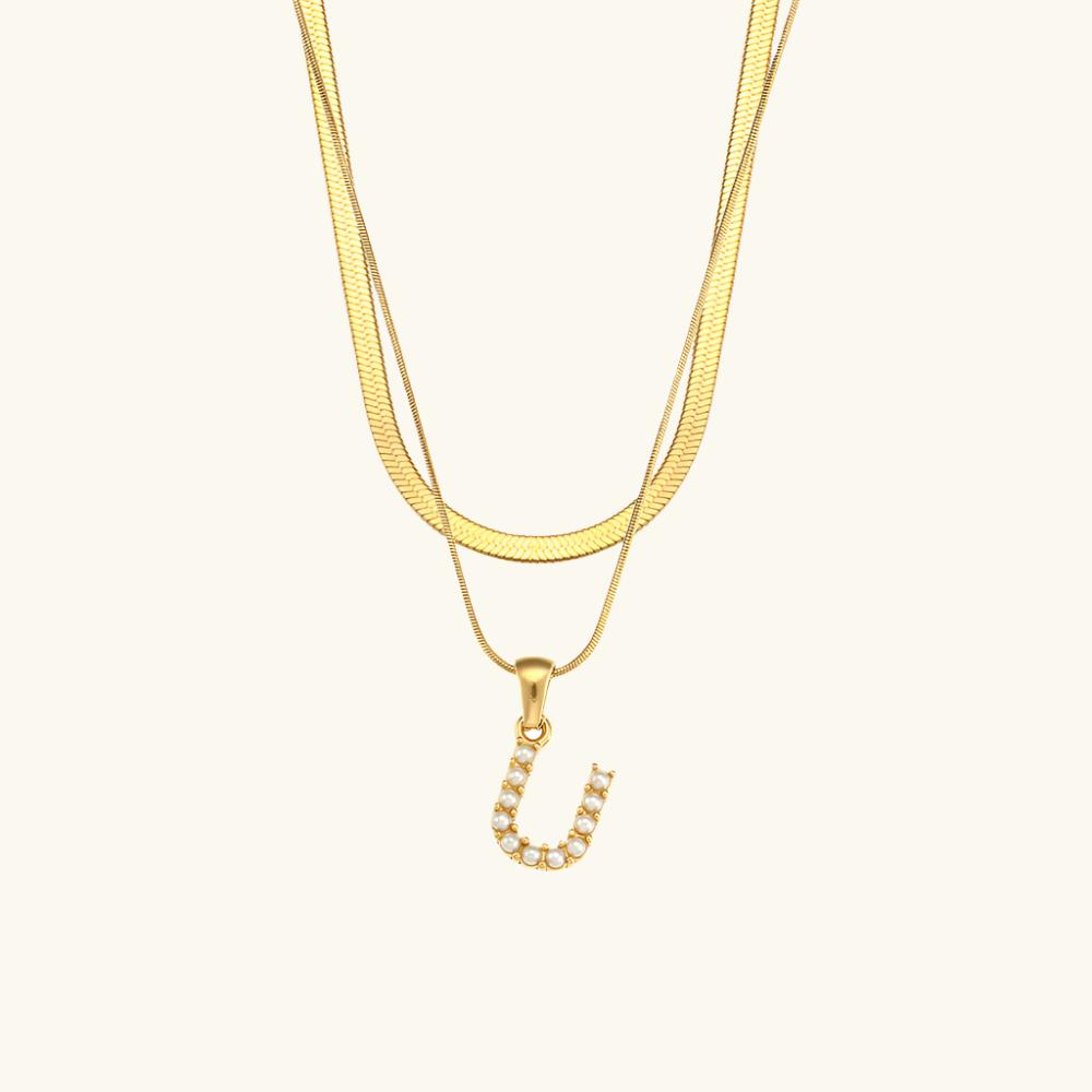 Valantomode | Plated Layered Pearl Initial Necklace with Genuine Freshwater Pearl Architecture