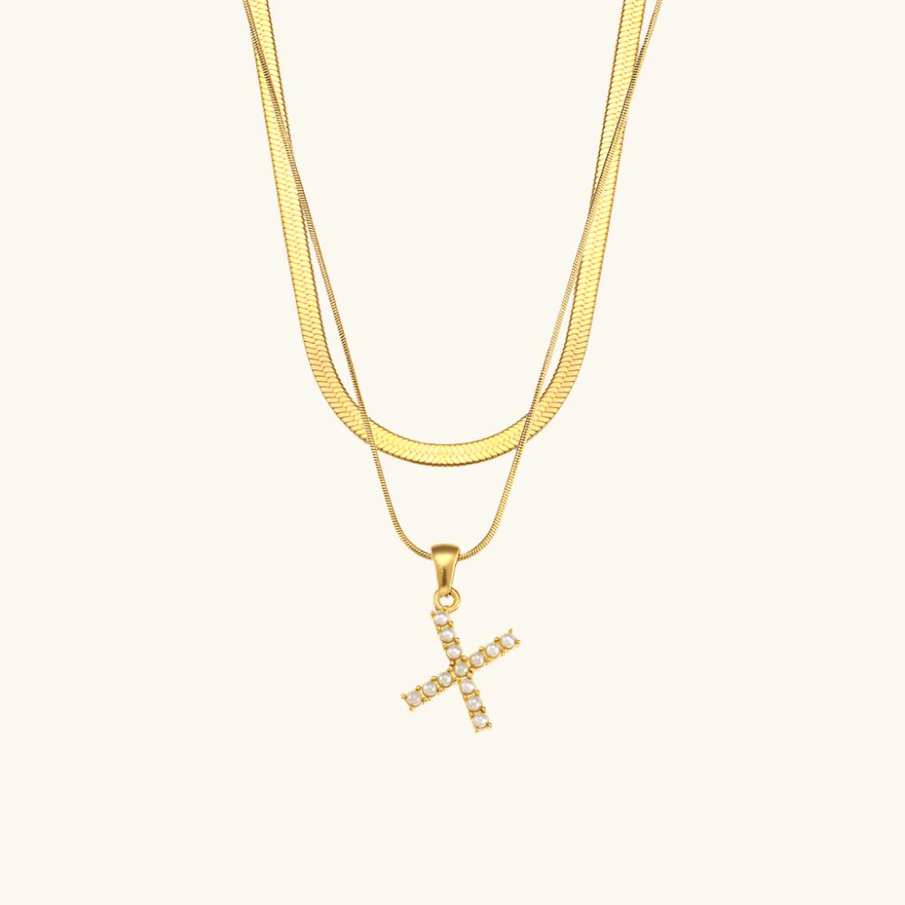 Valantomode | Plated Layered Pearl Initial Necklace with Genuine Freshwater Pearl Architecture
