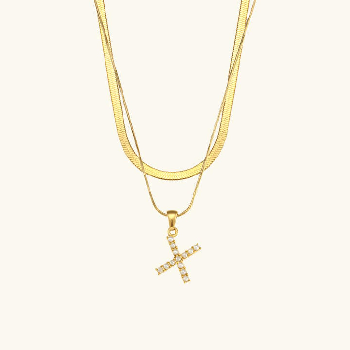 Valantomode | Plated Layered Pearl Initial Necklace with Genuine Freshwater Pearl Architecture