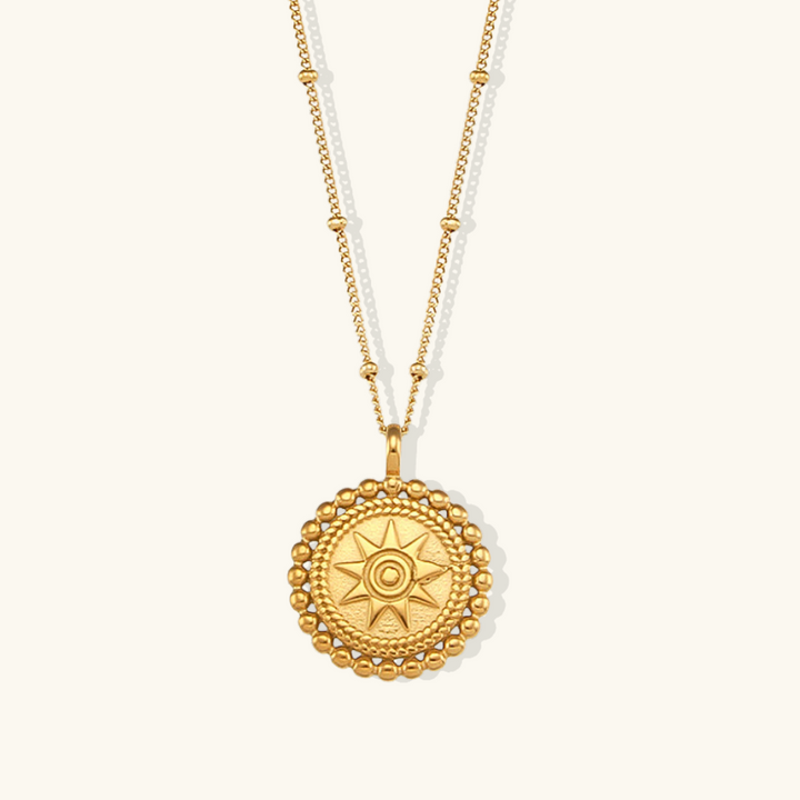 Valantomode | Plated Sunburst Pendant Necklace with Radial Solar Structuralism