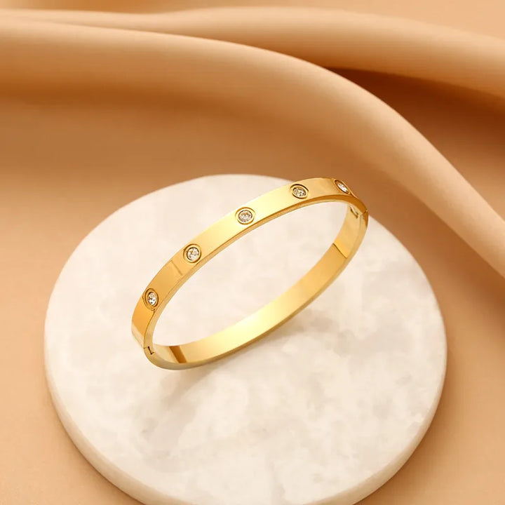 Valantomode | Heavyweight Gold Plated CZ Love Bangle for Women