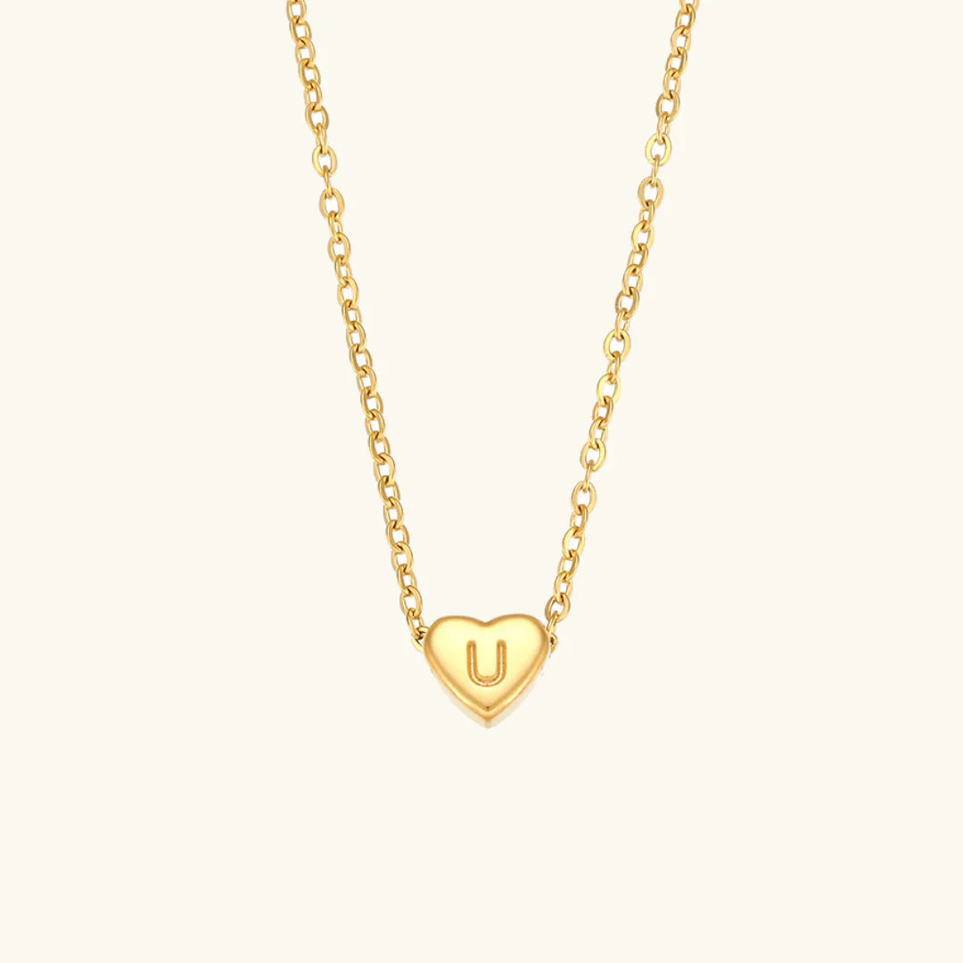 Valantomode | Plated Heart Muse Initial Necklace with Alphanumeric Cordiform Architecture