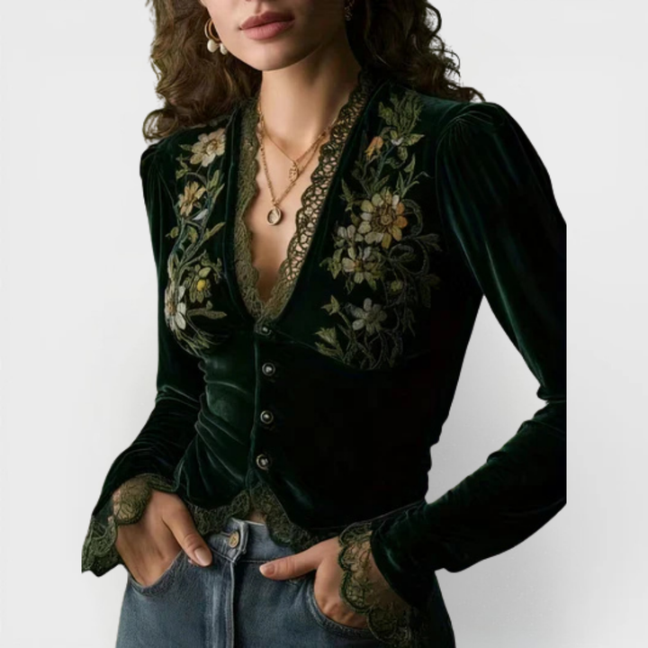 Valantomode | Blouse with Long Sleeves and Embroidered Velvet Flowers