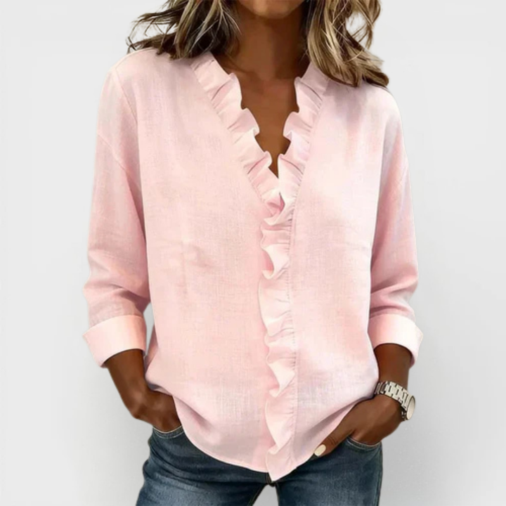 Valantomode | Blouse with Ruffles, V-Neck, Long Sleeves