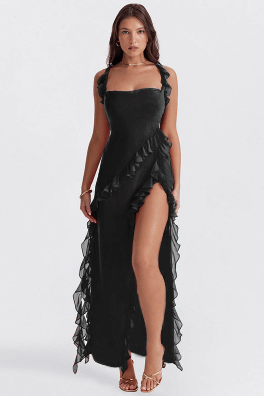 Valantomode | Elegant Ruffled Evening Dress for Sophisticated Style