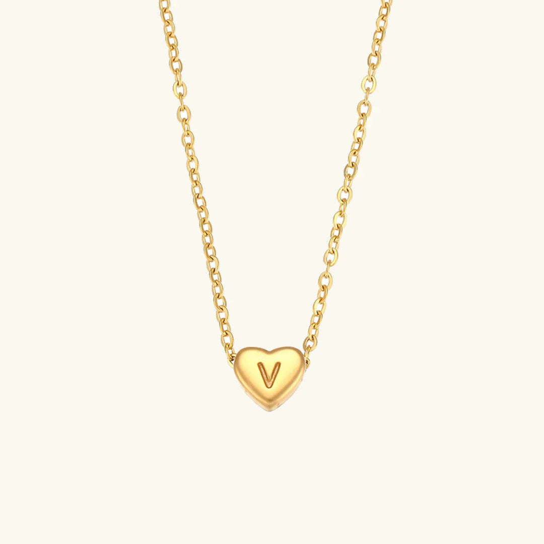 Valantomode | Plated Heart Muse Initial Necklace with Alphanumeric Cordiform Architecture