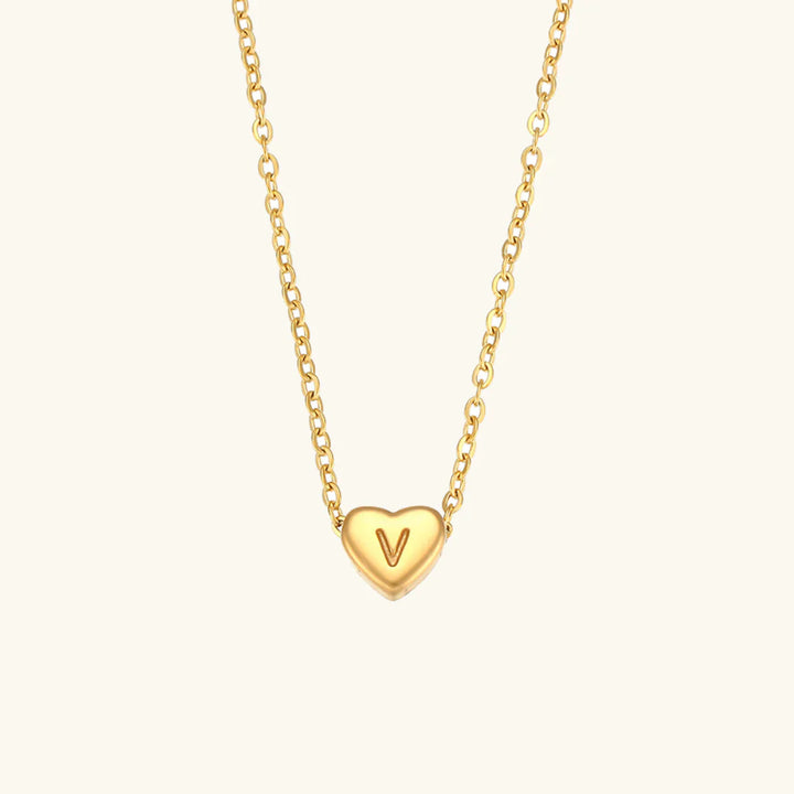 Valantomode | Plated Heart Muse Initial Necklace with Alphanumeric Cordiform Architecture
