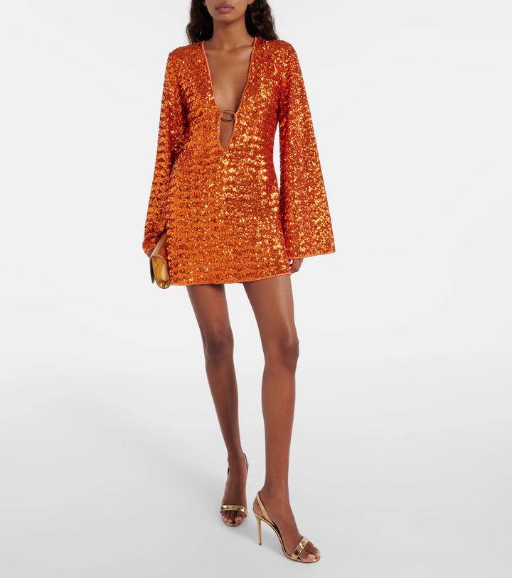 Valantomode | Sparkling V-neck Mini Dress with Flowy Wide Sleeves