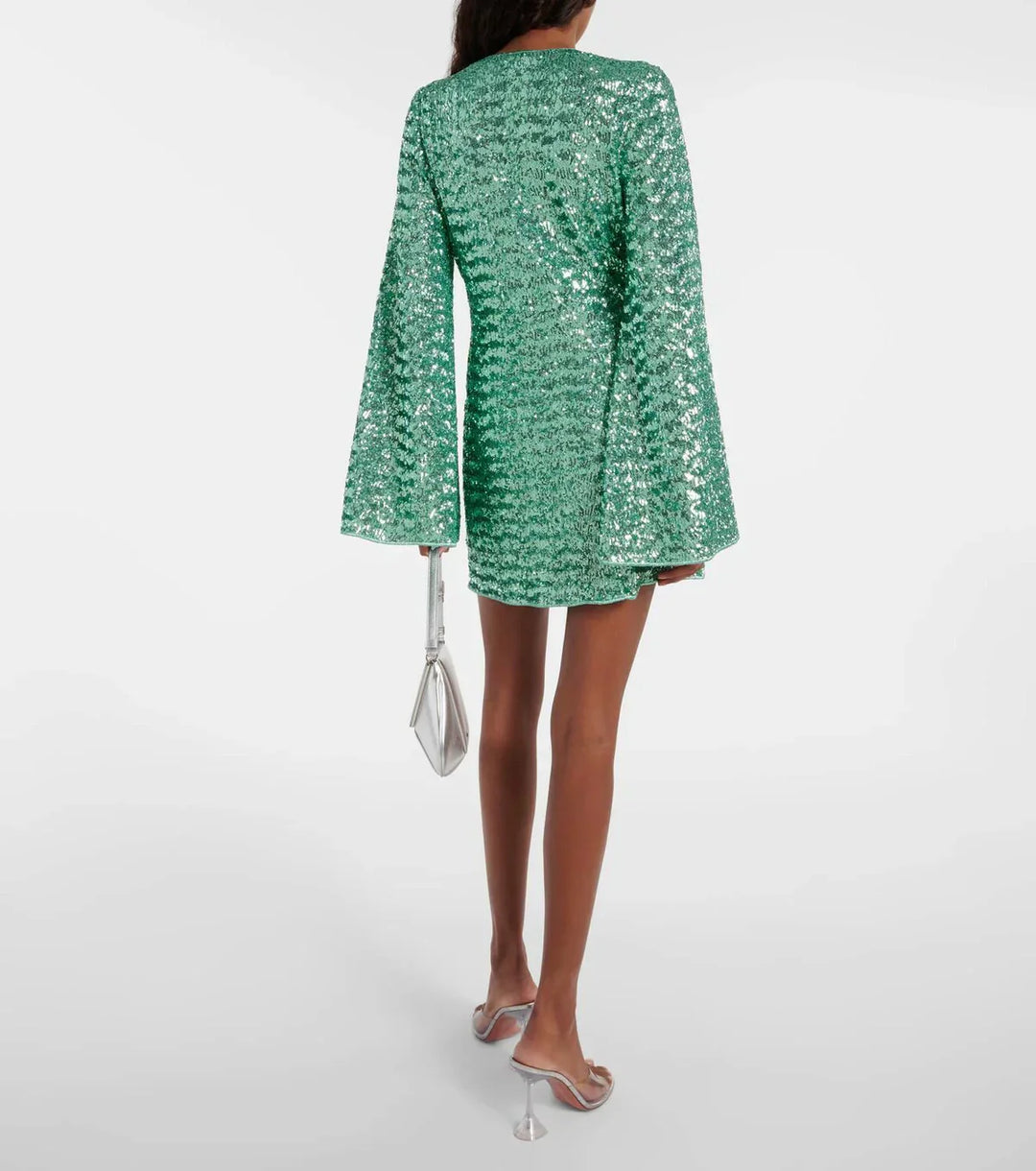 Valantomode | Sparkling V-neck Mini Dress with Flowy Wide Sleeves