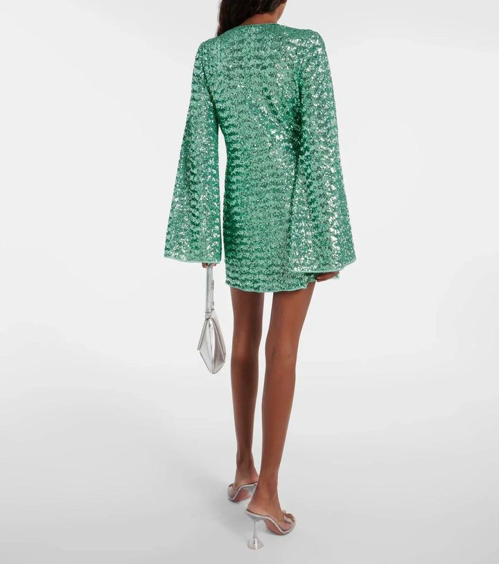 Valantomode | Sparkling V-neck Mini Dress with Flowy Wide Sleeves