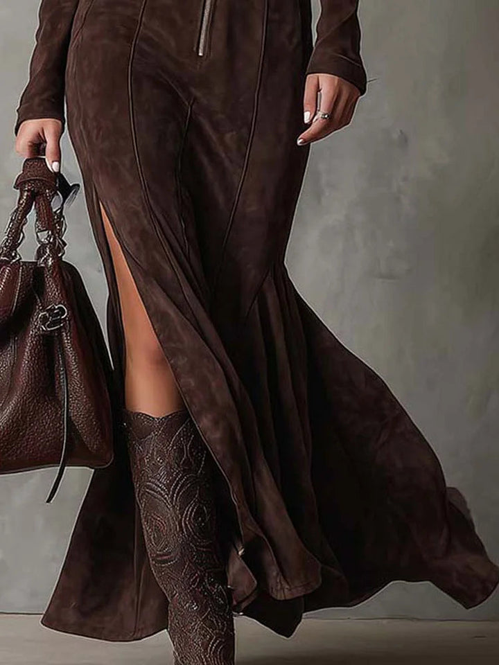 Valantomode | Stylish Suede Dress with Belt and Trendy Zipper Detail