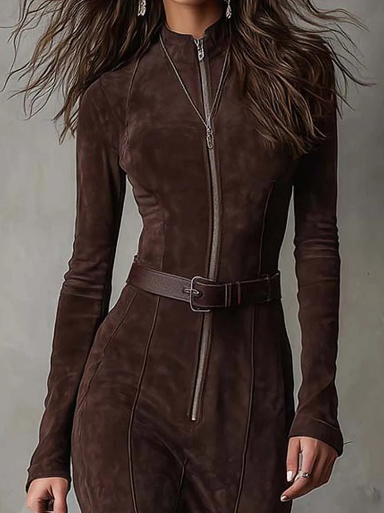 Valantomode | Stylish Suede Dress with Belt and Trendy Zipper Detail