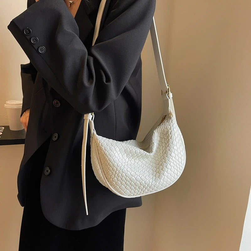 Valantomode | The Tesla Interlace Garrison – Women's Premium Braided Vegan Leather Half-Moon Handbag