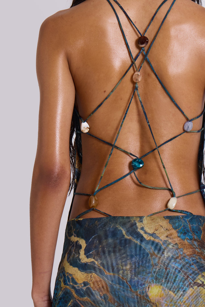 Valantomode | Trendy Backless Mini Dress with Mesh Beaded Details