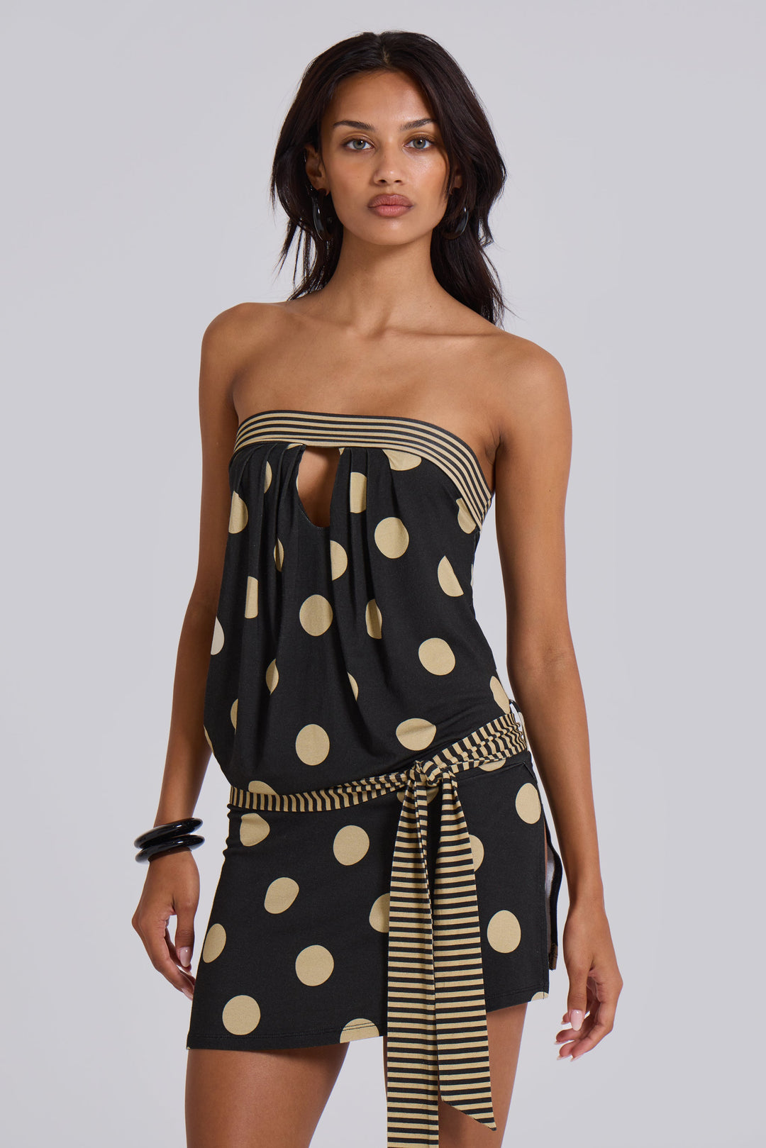 Valantomode | Chic Strapless Mini Dress with Polkadot Stripes for Summer