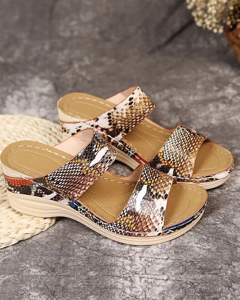 Valantomode | Women's Wedge Sandals with Animal Print Straps