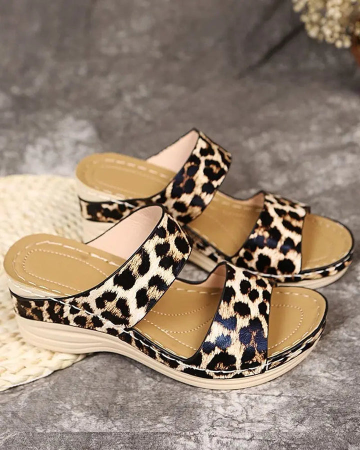 Valantomode | Women's Wedge Sandals with Animal Print Straps
