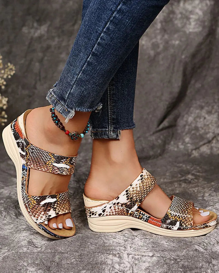 Valantomode | Women's Wedge Sandals with Animal Print Straps
