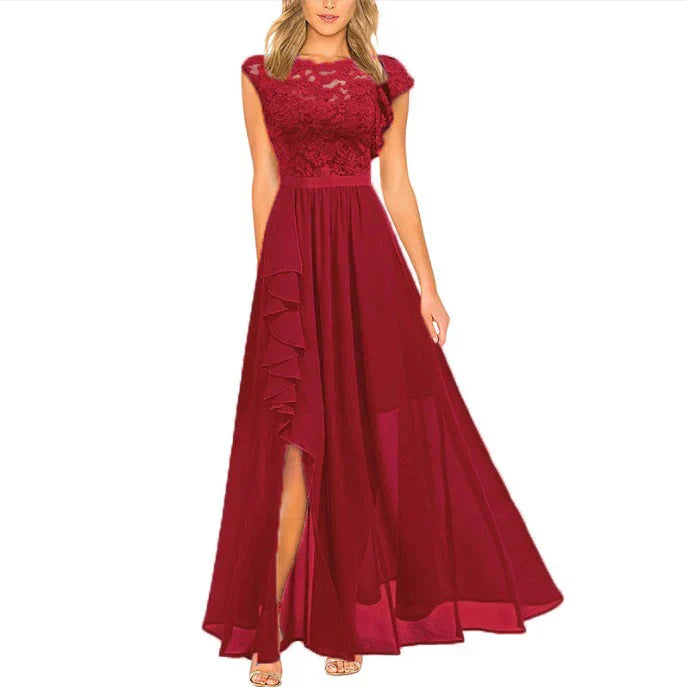 Valantomode | Elegant Lace Maxi Dress with Ruffle Split Design