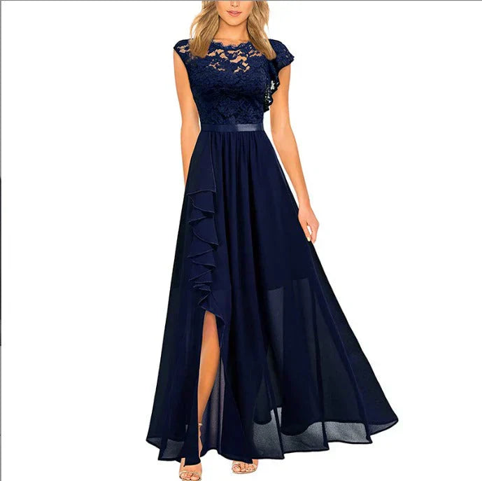 Valantomode | Elegant Lace Maxi Dress with Ruffle Split Design