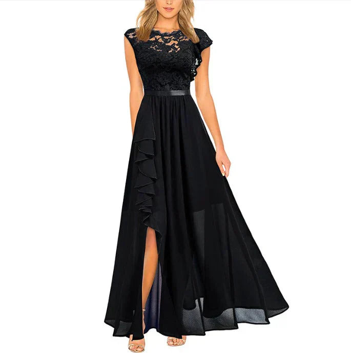 Valantomode | Elegant Lace Maxi Dress with Ruffle Split Design