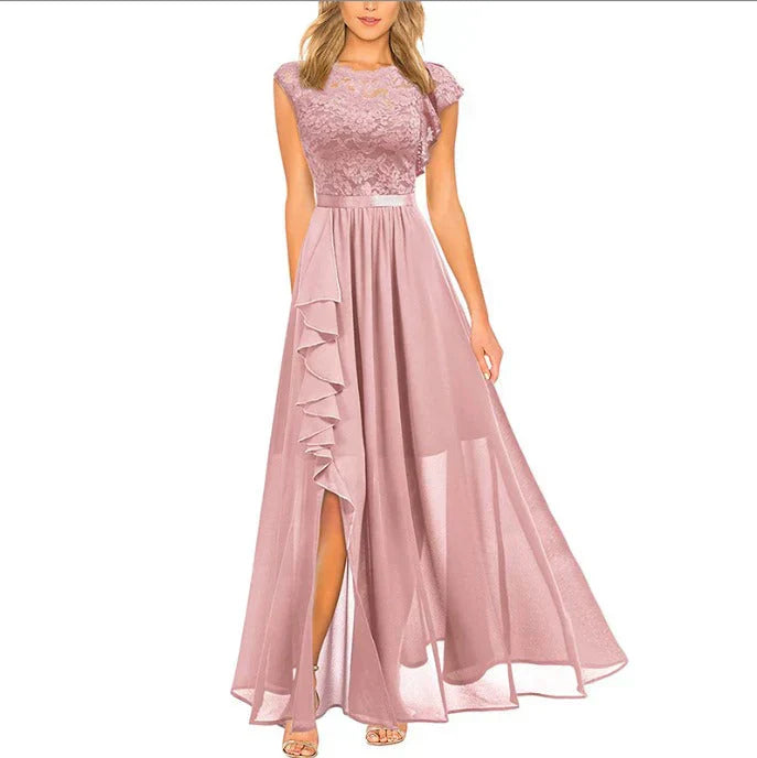 Valantomode | Elegant Lace Maxi Dress with Ruffle Split Design