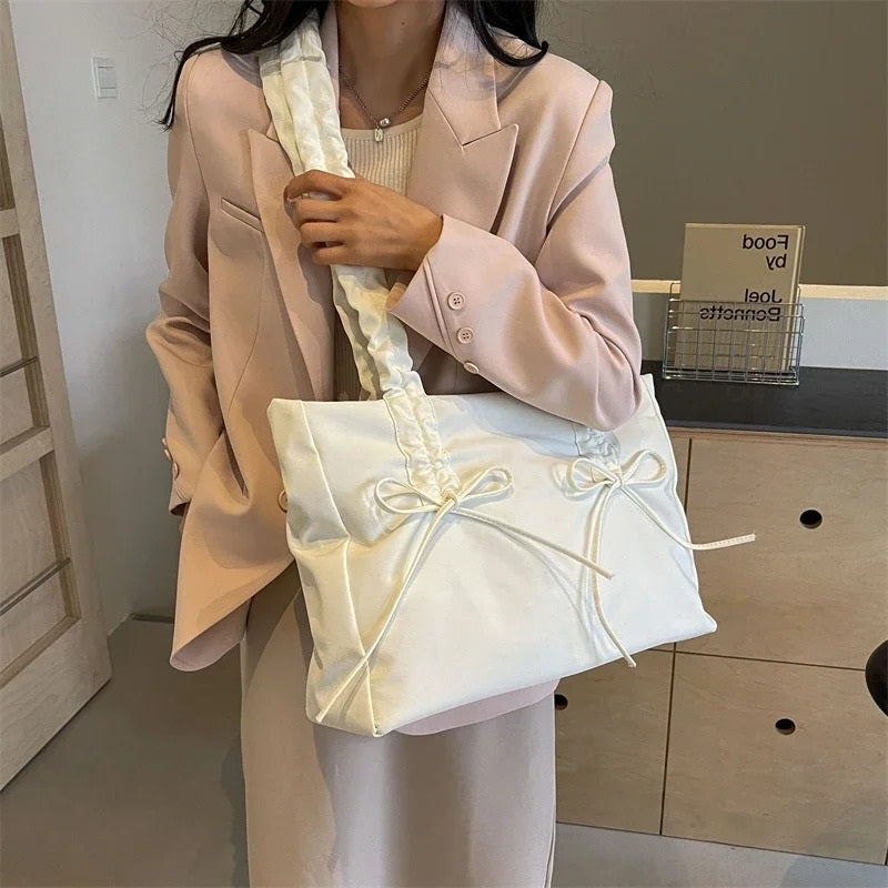 Valantomode | Luna Ribbon Kinetic Tote – Lightweight Adjustable Nylon Shoulder Bag with Ribbon Detail
