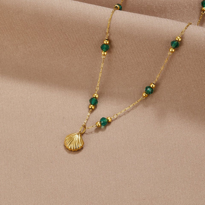 Valantomode | Plated Organic Shell Pendant Necklace with Emerald-Tone Bead Accents