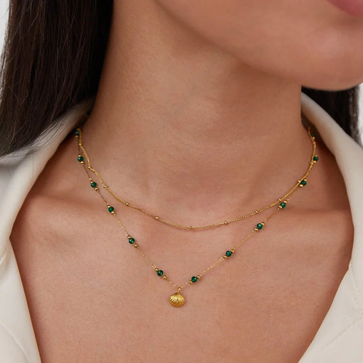 Valantomode | Plated Organic Shell Pendant Necklace with Emerald-Tone Bead Accents