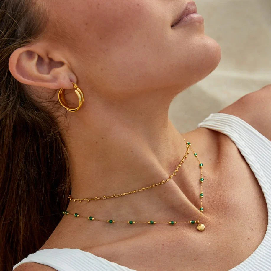 Valantomode | Plated Organic Shell Pendant Necklace with Emerald-Tone Bead Accents