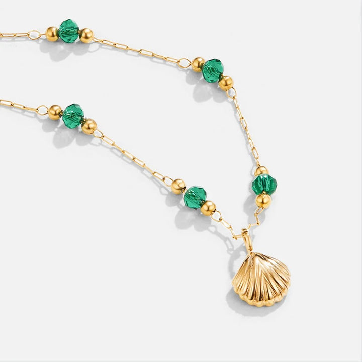 Valantomode | Plated Organic Shell Pendant Necklace with Emerald-Tone Bead Accents