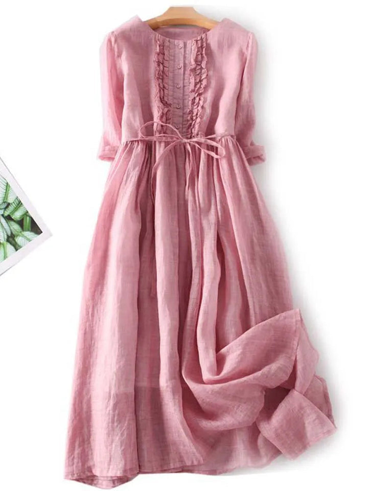 Valantomode | Chic Green Linen Look Midi Dress for Effortless Style