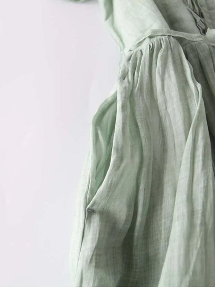 Valantomode | Chic Green Linen Look Midi Dress for Effortless Style