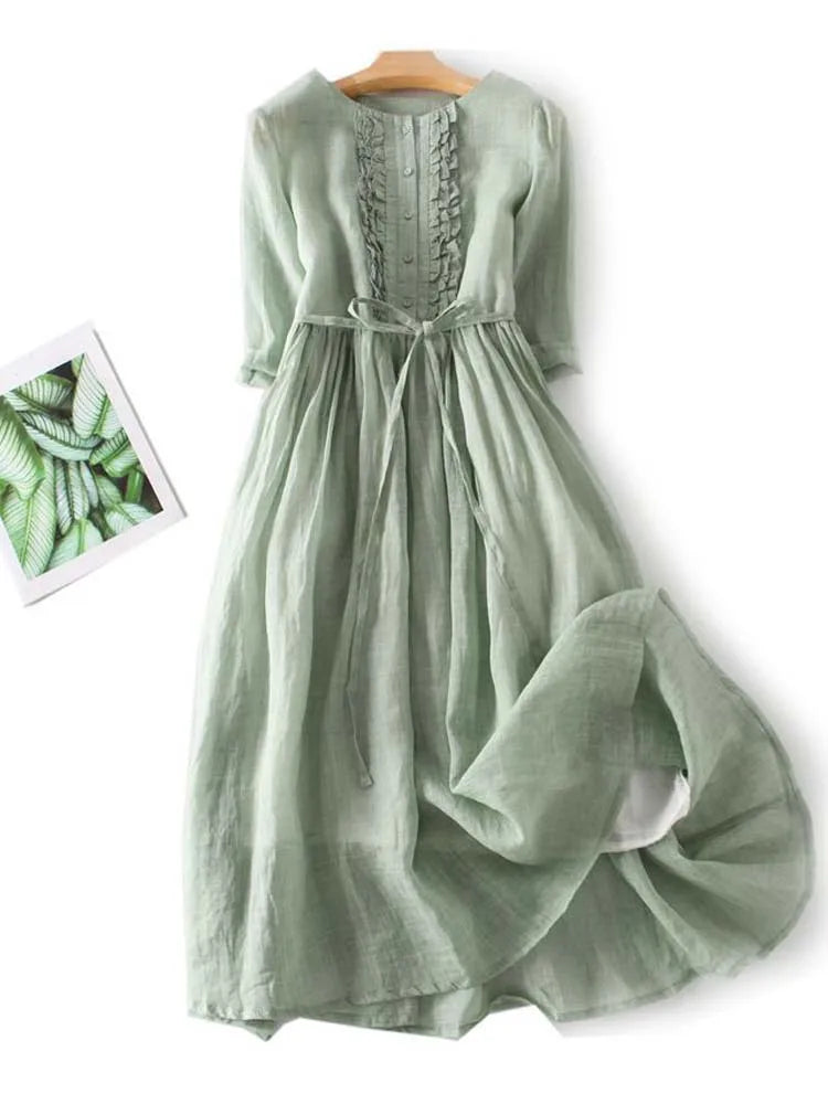 Valantomode | Chic Green Linen Look Midi Dress for Effortless Style