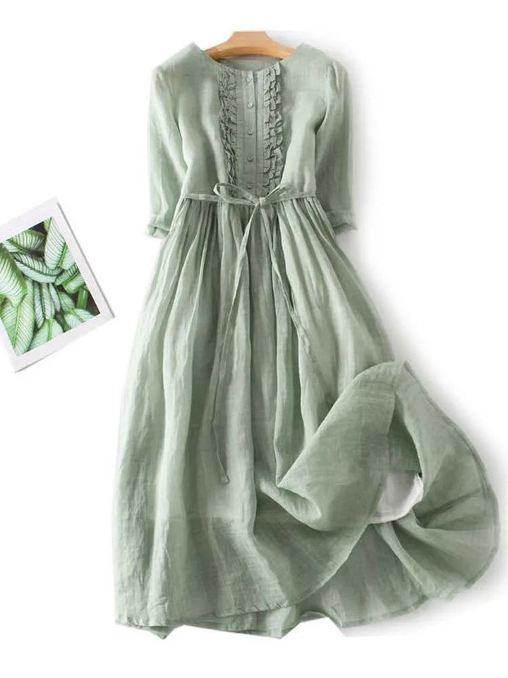 Valantomode | Chic Green Linen Look Midi Dress for Effortless Style